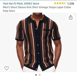 Men’s Short Sleeve Knit Shirt Vintage Stripe Lapel Collar Polo Shirt -NWT